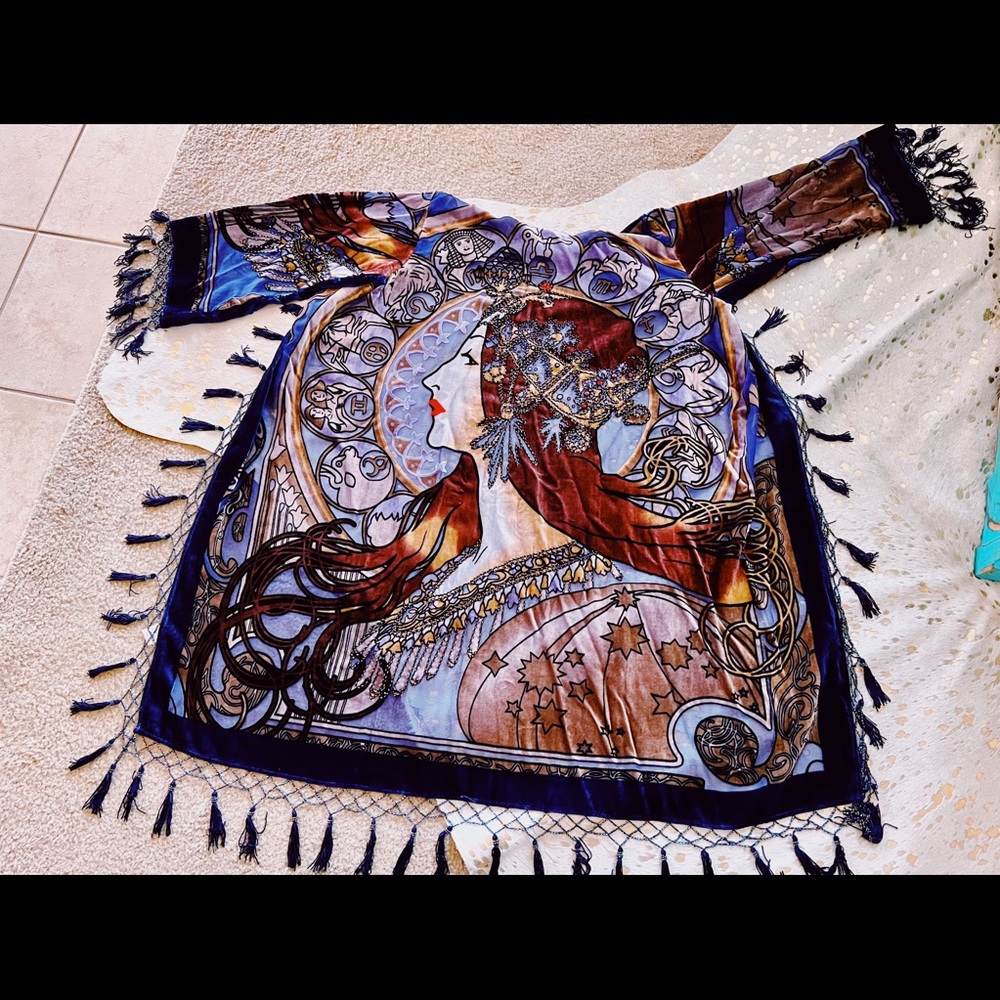 Alphonse Mucha Zodiac Beaded Purple Velvet Kimono Witchy Stevie Nicks Bohemian